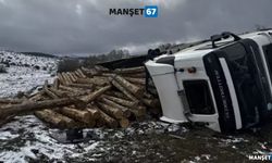 Tomruk yüklü TIR devrildi, araçta sıkışan sürücü yaralandı..