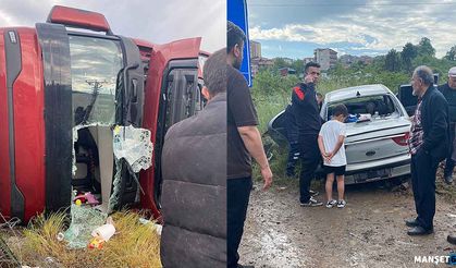 Feci kaza… TIR devrildi… Otomobile çarptı…