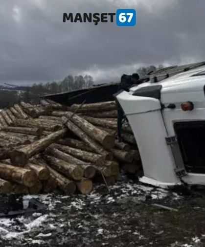 Tomruk yüklü TIR devrildi, araçta sıkışan sürücü yaralandı..